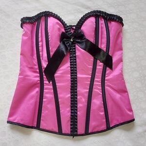 Shirley Of Hollywood Satin Corset Size 36 Pink‎ Bow Waist Trainer Boned Bustier